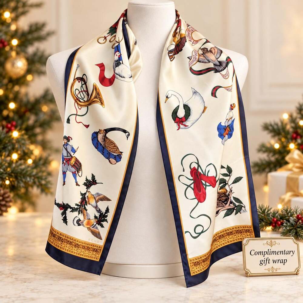 Vintage Echo 12 Days of Christmas Silk Scarf 1990s Navy Ivory Holiday Gift 11x56
